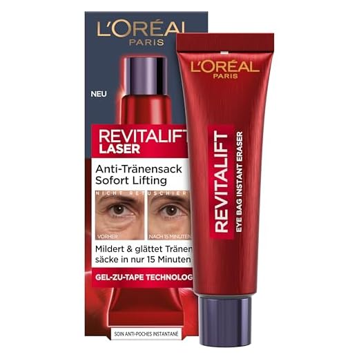 L'Oréal Paris Anti-Tränensack Sofort Lifting – Effektiv gegen Tränensäcke, Fältchen und Schwellungen – strafft und glättet in nur 15 Minuten – Revitalift Laser, Anti-Eye Bag, Anti-Aging, 1 x 15 ml