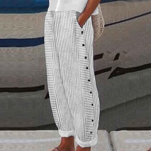 Women's Casual Pants Striped Side Button Elastic Waist Trendy Pants Straight Leg Baggy Trousers with Pockets2