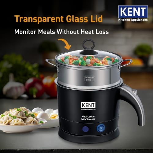 Image of KENT Electric Multicooker /Kettle with Steamer 1.2L 800W | Boiling of Water, Tea,Eggs, Instant Noodle Maker, Steaming idlis, Momos & Vegetables | Inner Stainless Steel & Cool Touch Outer Body | Black