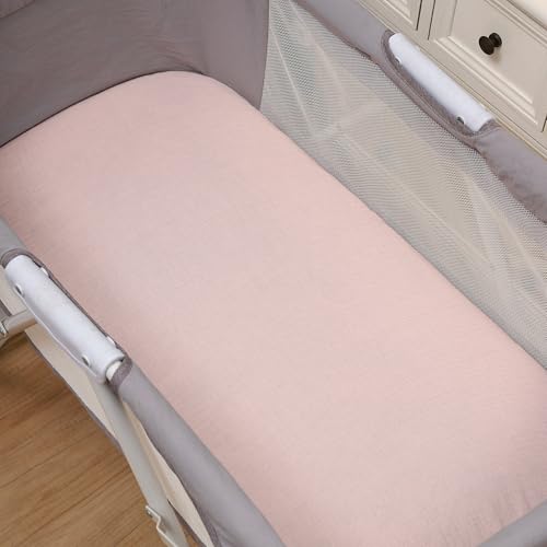 Image of Onacosht Muslin Bassinet Sheets 3 Pack, 35 inchx20 inch, Pink and Feather | Compatible with AMKE 3-in-1, MiClassic, Uiuwoo, Foalom, YADAQE, Milliard & TCBunny Bassinets, baby girl, 100% cotton