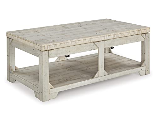 Signature Design by Ashley Fregine Farmhouse Rectangular Lift Top Coffee Table with Floor Shelf, Whitewash with Weathered Finish