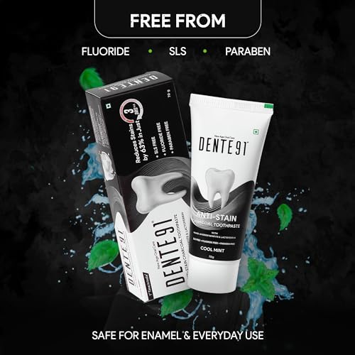 Dente91 Anti-Stain Charcoal Toothpaste for Stain Removal & Teeth Whitening, Protects against Dental Caries & Strengthens Enamel, Reduces 63% stains, Whitens teeth by 80% in just 3 days, 70g