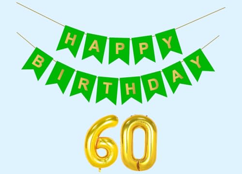 Image of 60th Happy Birthday Decoration Kit Green for 60 year Old Men Women with Number SixtyParty Decorations Decor Celebration Items Item Set Combo Reusable Paper Banner
