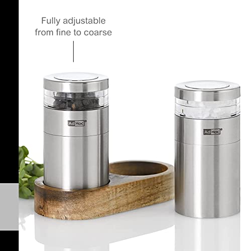 Adhoc Menage Molto Pepper And Salt Mills - Adjustable Salt & Pepper Grinders With A Wooden Carrying Tray - Refillable Spice Tools - Hand Wash Kitchen Tool - Stainless Steel, 5" #TOP5