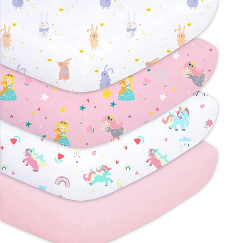Image of Plushii 4 Pack Fitted Crib Sheets for Baby Boys, 28"x 52" Extra Soft Microfiber Crib Sheet Set for Standard Crib & Toddler Mattress Pad, Rabbit & Dreaming in Wonderland & Rainbow Horse & Pink