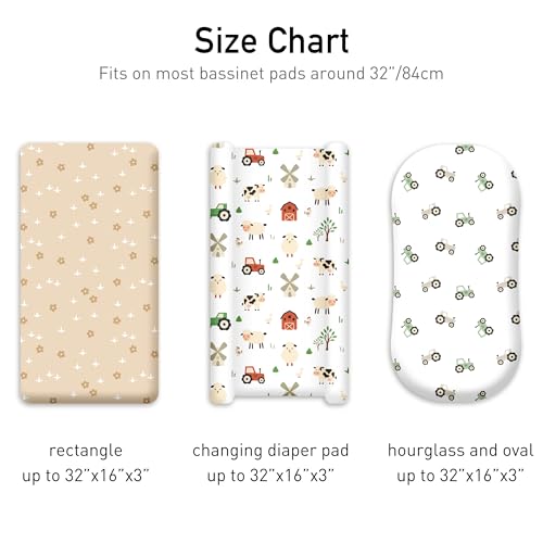Image of Baby Bassinet Sheets Girl Boy, 3 Pack Fitted Bassinet Sheet | Breathable Cozy Bassinet Mattress Sheet, Compatible with Halo Bassinest Swivel Sleeper, Graco, 32 inch x 16 inch, Farm Animals
