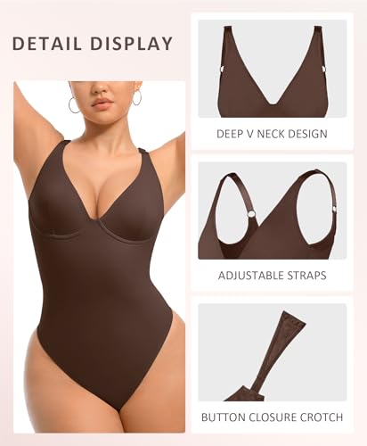 Image of FeelinGirl Bodysuits for Women Tummy Control Thong Shapewear Body Suit Sexy Deep V Neck Corset Tops for Women