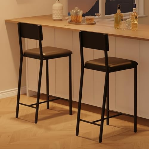 Set de 2 Butacos acolchonados coucheta en PU con reposapiés y respaldo, altura para barra de cocina, color negro miniatura 1