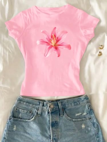 Image of RoseSeek Girl's Floral Graphic Crop Tops Tees Short Sleeve Crewneck Cute Slim Fit T Shirt Summer Tops