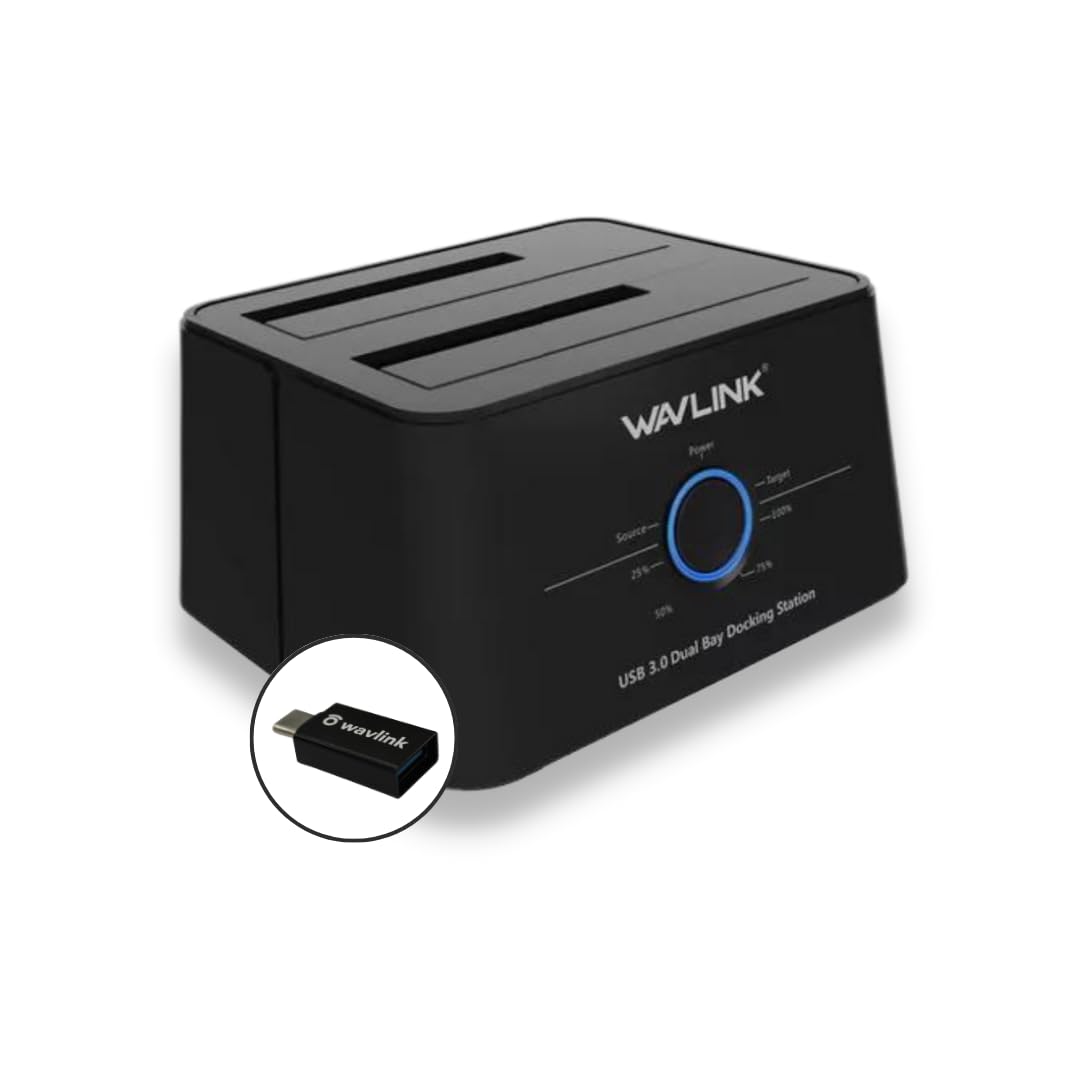 WAVLINK USB 3.0 to SATA Dual Bay External Hard Drive Docking Station Dock Duplicator for 2.5/3.5 inch HDD/SSD MAX 2x16TB with USB A to USB C Converter and Power Adapter, Support UASP Offline Clone