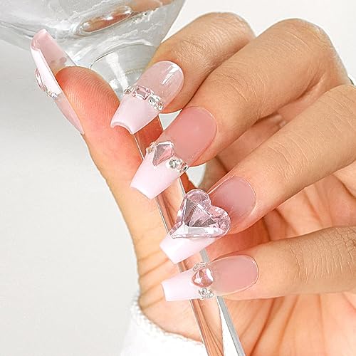 Sethexy French Long Coffin Pink False Nails Handmade Rhinestone Glossy Fake Nails 3D Crystal Love Heart Press On Nails Acrylic Salon Quality Nail Art Removable for Women and Girls(K)