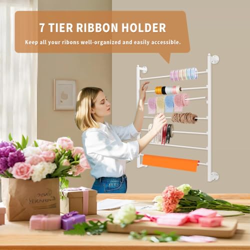 Image of Xbsyhx 7 Tier Wall Mount Ribbon Organizer, Metal Rack for Craft Room