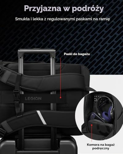 Lenovo Plecak gamingowy Legion 17″ GB800 (wodoodporny, pojemność do 21 litrów, otwór 180°, kieszenie na komputer, tablet, butelki na wodę, ergonomiczne paski)