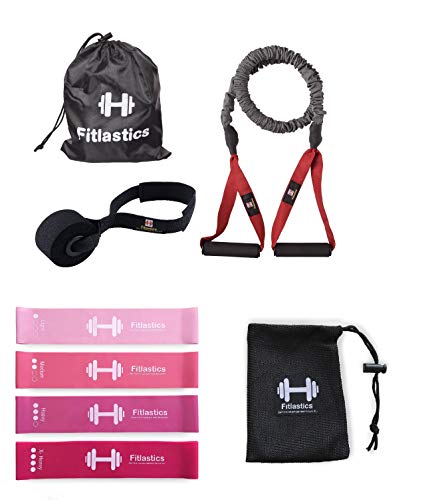 Fitlastics Resistance Loop Bands Set for Squats, Stretching, Strength Training Exercises, HIPS & Glutes Heavy Workouts for Men & Women (Pink Loop + Nylon Bands Combo)