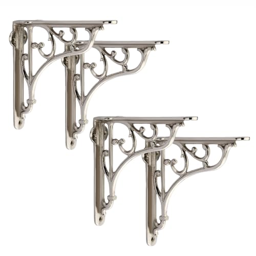 Image of GHAR DWAR Metal Handcrafted Shelf Bracket for Floating Shelves L Angle Decorative L Shaped Corner Brace Joint Heavy Duty Wall Mounted Shelf Supporter Brace Holder (Silver, Pack of 4)