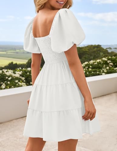 ZESICA Women's Boho 2025 Summer Square Neck Puff Sleeve Off Shoulder Smocked Tiered Casual A Line Short Mini Dress4