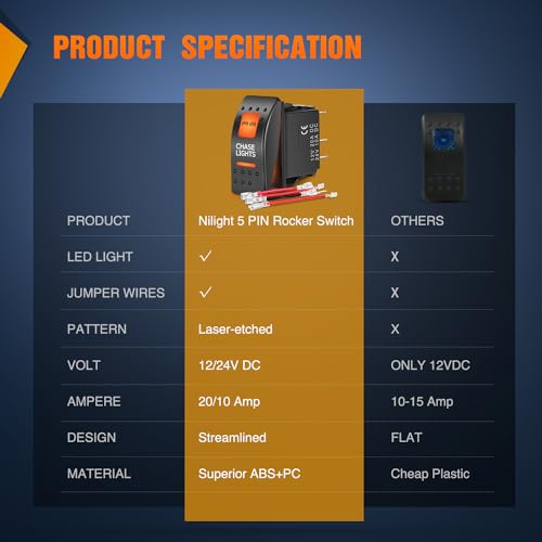 Image of Nilight UTV Chase Lights Rocker Switch with Orange Backlit On Off 5 PIN