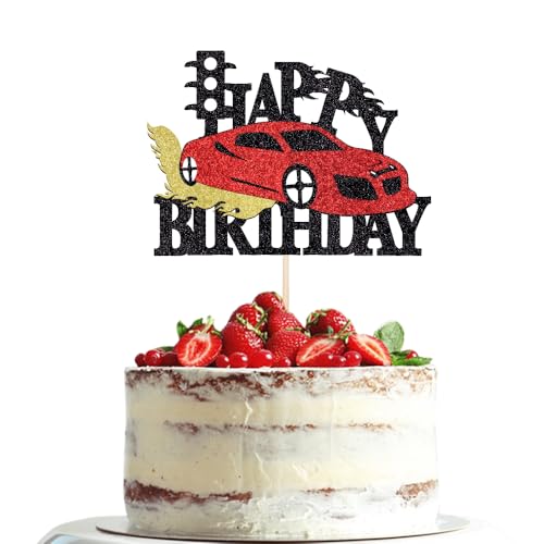 Dxsdgetue Decoración roja para tartas de coche de carreras, bandera a cuadros para niños y niñas, suministros de fiesta de feliz cumpleaños