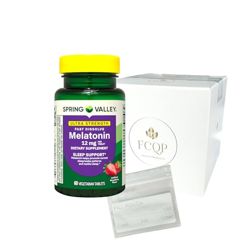 FCQP Spring Valley Melatonin Sleep Support Tablets, Ultra Strength 12 mg, Fast-Dissolve, 60 Count Included is a Pill Pouch and a Sticker