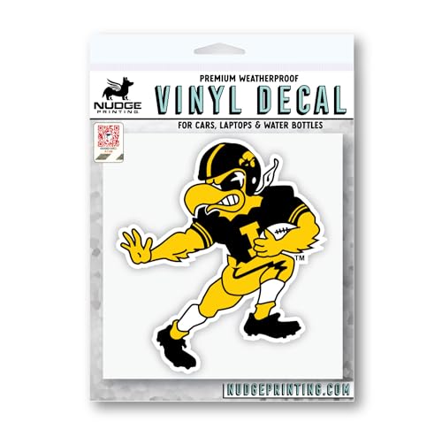 Image of University of Iowa Haweyes Herky Mascot Playing Football Weatherproof Vinyl Sticker Car Decal from Nudge Printing