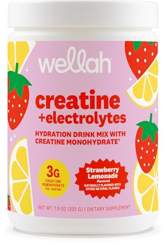 Image of Wellah Creatine + Electrolytes Powder (Strawberry Lemonade) 30 Servings - Hydration Drink Mix with 3g of Creatine Monohydrate