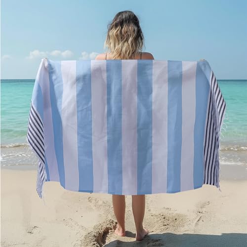 JEMIDI Toalla Turca de Playa Grande 100x180cm   Secado Rápido   Para Sauna y Picnic   Pareo 100% Algodón   Rayas Azules