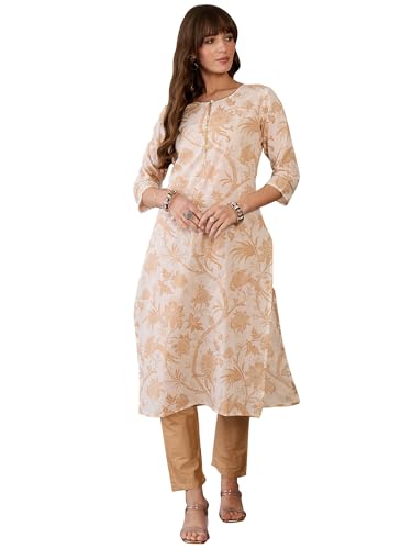 Image of INDO ERA Women's Cotton Straight Fit Straight Floral Printed Kurta (IESTR10061)