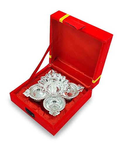 BENGALEN Silver Plated Diya with Red Velvet Gift Box Panchmukhi Dia Pooja Items Diwali Decoration Puja Gifts Handmade Oil Lamp Traditional Indian Deepawali Gift Items