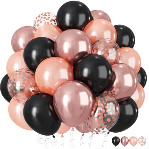 Image of HILAVO Rose Gold and Black Balloons, 12Inch Metallic Rose Gold and Confetti Latex Balloons for Girls Women Birthday Graduation Baby Bridal Shower Party Decorations
