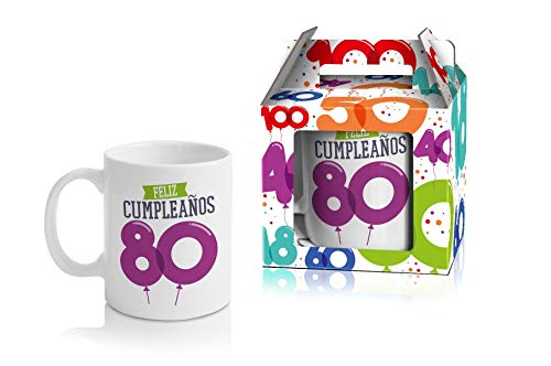 Taza Cerámica para Desayuno en Color Blanco de 300 ML, Un Regalo Original para un Feliz Cumpleaños (Feliz 80)