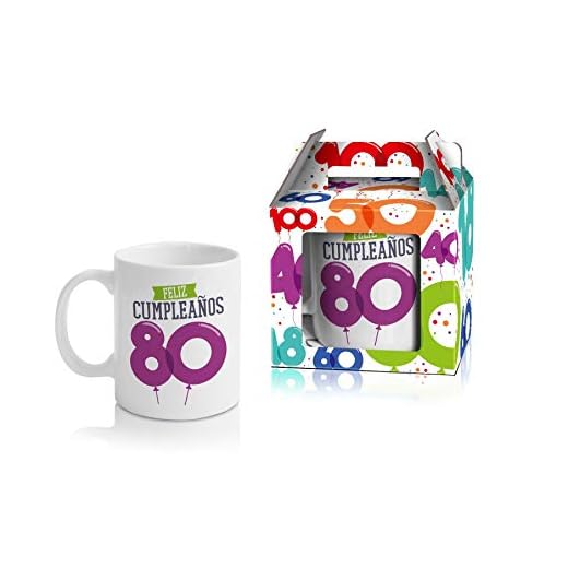 Taza Cerámica para Desayuno en Color Blanco de 300 ML, Un Regalo Original para un Feliz Cumpleaños (Feliz 80)