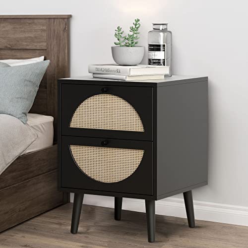 Fokwe Rustic Rattan Nightstand 2-Drawer, End Table Side Table Wooden Coffee Table With Storage And Solid Wood Legs For Living Room, Bedroom(Black) #TOP27