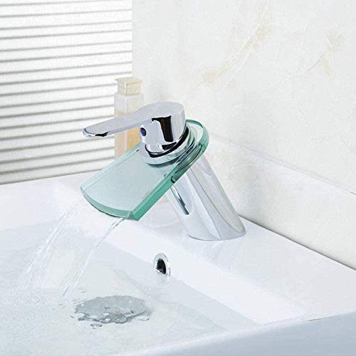 HADECOLL Grifo De Baño De Cascada De Vidrio Transparente, Cromado Pulido, Grifo De Lavabo De Encimera, Grifo Mezclador De Agua Caliente Y Fría.