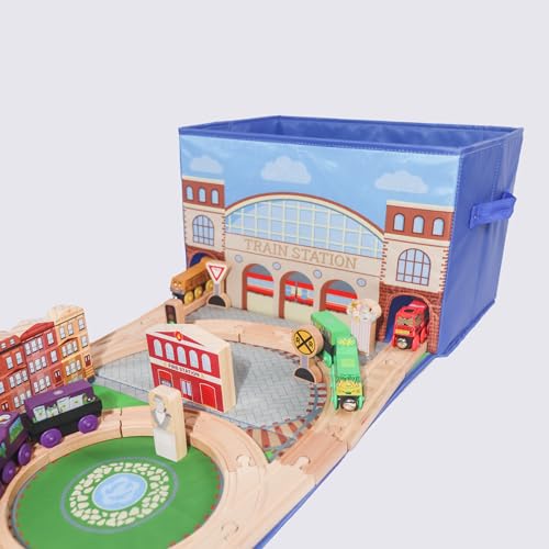 Zany Trains - Train Storage Bin and Play Mat - Wooden Railway Take-Along Storage Box with Train Tracks Design - Two in One Collapsible Toy Car Storage with Station - Car Garage Fabric Bin