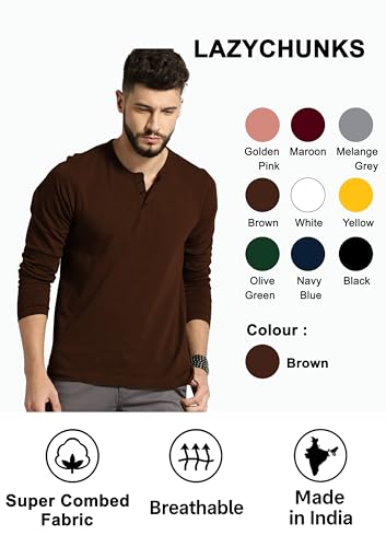 Image of LAZYCHUNKS Men's Full Sleeve Henley Neck Cotton Blend T-Shirt | Solid Regular Fit for Boys & Men | Soft Breathable Fabric | Casual Size S to 3XL