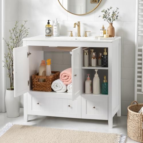 Bathroom Under Sink Cabinet, Pedestal Sink Vanity Organizer Storage Space Saving Heigh Adjustable Shelf, Multiple Storage Cabinet for Toilets, Wash Area (White with Sink)