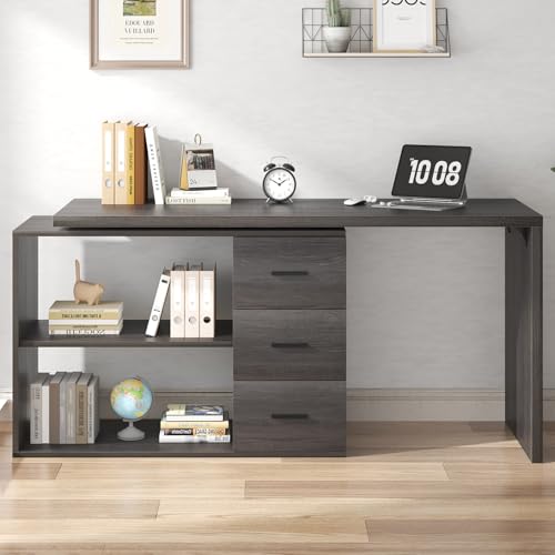 Image of HSH 60 inch Rustic L Shaped Computer Corner Desk with 3 Storage Drawers