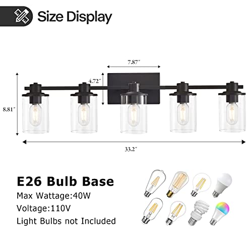 Image of 5-Light Modern Bathroom Vanity Lights,Industrial Matte Black Bathroom Light Fixtures with Clear Glass, Vanity Lights Fixture for Bathroom, Living Room, Mirror,Hallway