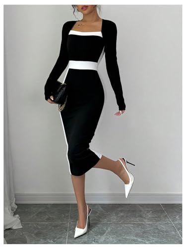 SOLY HUX Women's Midi Dress Color Block Square Neck Long Sleeve Bodycon Dresses3