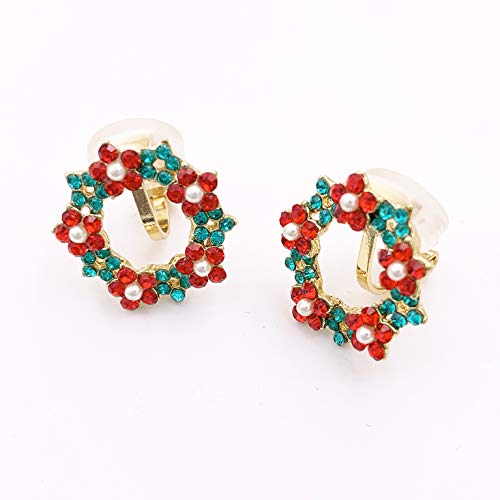Selovo Wreath Christmas Clip On Earrings Stud Green Red Crystal Gold Tone #TOP3