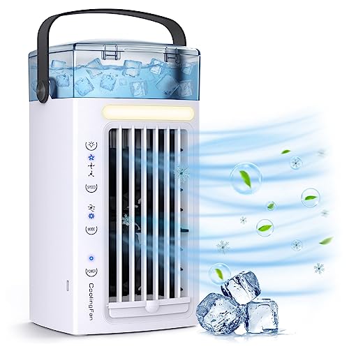 Wrtysully Ventilador de Aire Acondicionado PortáTil 3 en 1, Enfriador de Aire y Humidificador de Escritorio con 3 Velocidades de Ventilador y 7 Colores de Luz LED para Dormitorio