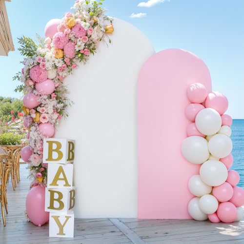 Image of White Pink Arch Cover Set of 2-7.2 and 6ft Arch Backdrop Cover Spandex Wedding Arch Stand Covers for Bridal Shower Baby Shower Girls Birthday Party Banquet Photo Arch Covers Stretchy Backdrop