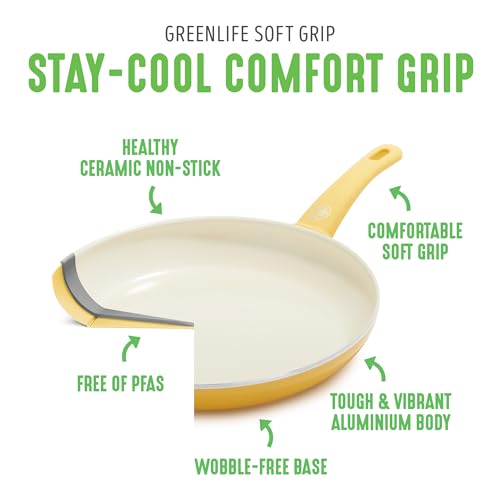 GreenLife Soft Grip Healthy Ceramic Nonstick 16 Piece Kitchen Cookware Pots and Pans Set, Includes Frying Pan Skillets Sauce and Casserole, PFAS-Free, Oven Safe, Yellow - Image 5