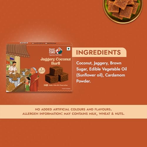Image of Sweet Karam Coffee Jaggery Coconut Burfi Squares - 150grams | No Refined Sugar or Preservatives | Traditional South Indian Mithai | Made with Natural Jaggery & Coconut | Healthy & Homemade Treat