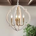 Rustic Farmhouse Light Fixtures 4 Light Vintage Gold and White Orb Wood Chandelier Hanging Chandelier Retro Flush Mount Ceiling Pendant Light for Dining Room Living Room Kitchen Entryway Hallway