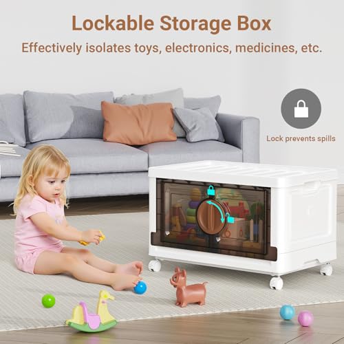 Image of BROVIEW 480Qt Lockable Stackable Storage Bins with Lids, Closet Organizers and Storage Drawer, Collapsible Storage Bin with Wheels, Plastic Cabinet for Toy Clothes Dorm Organizer, V9 4 Pack Brown