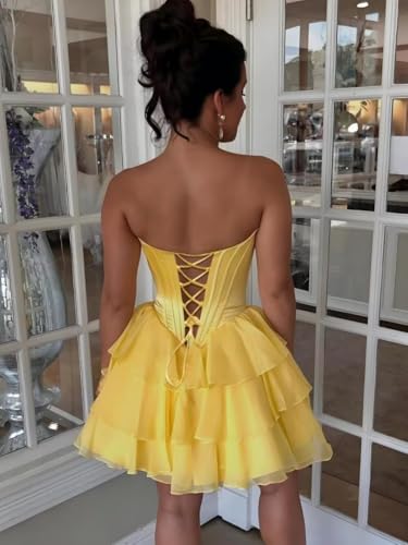 Strapless Short Homecoming Dress for Teens 2025 Chiffon Tiered Corset Sweetheart Satin Appliques Prom Dress WO0992