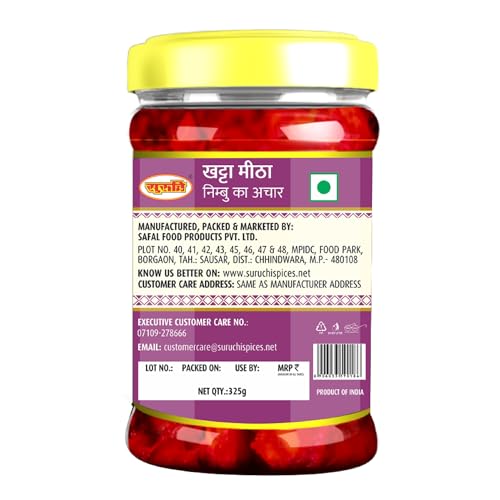 Image of Suruchi Khatta Mitha Lemon Pickle - 325g | Nimbu Ka Metha Achar | Sweet Tangy Flavourful | Authentic Indian Sweet Lemon Pickle (Pack of 1)