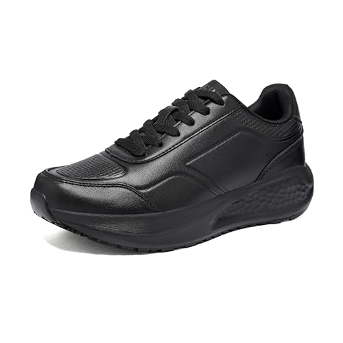 MUHNE Women's Slip Resistant Work Shoes Non Slip Waterproof Walking Shoes for Restaurant Kitchen Nurse - Comfortable Memory Foam Sneakers for Waitress Chef Hospital Food Service (Black)