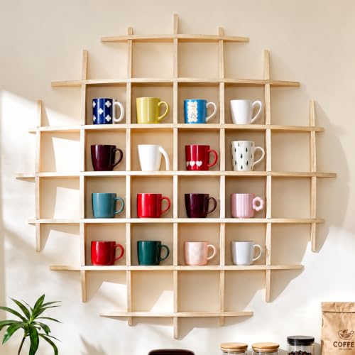 Sicrifety 46 x 46 Inch Oversize Wooden Coffee Mug Display Shelf for Wall